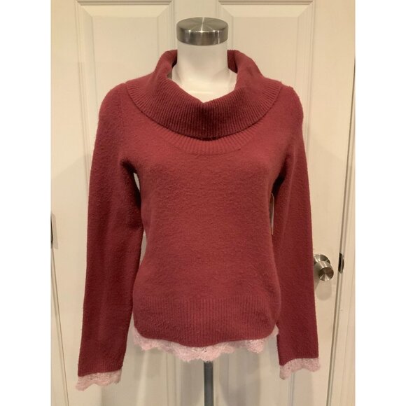 Sleeping on Snow Dark Pink Cowl Neck Sweater W/ Light Pink Crochet Trim, Size L - Picture 1 of 9